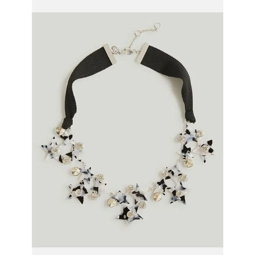 Ann Taylor Black White Tortoise Shell Print Rhinestone Retro Choker Necklace